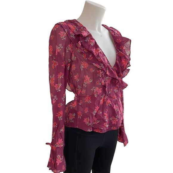 Free People Amanda Ruffle Top Sultry Combo floral wrap blouse size XS new - Picture 7 of 11